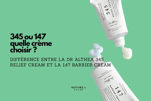 Deux tubes de crème Dr Althea sur un fond vert assez clair, étiquettes lisibles: 345 Relief Cream et 147 Barrier Cream. Dr althea 345 comparaison 147