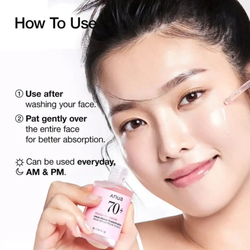 Anua Peach 70% Niacinamide Serum 30ml - Serum pour effet glass skin instantané Anua - Comment l'appliquer - Kbeauty Korean skincare Europe fast delivery - Skincare coréenne Skinorea shop Paris France livraison rapide - yesstyle