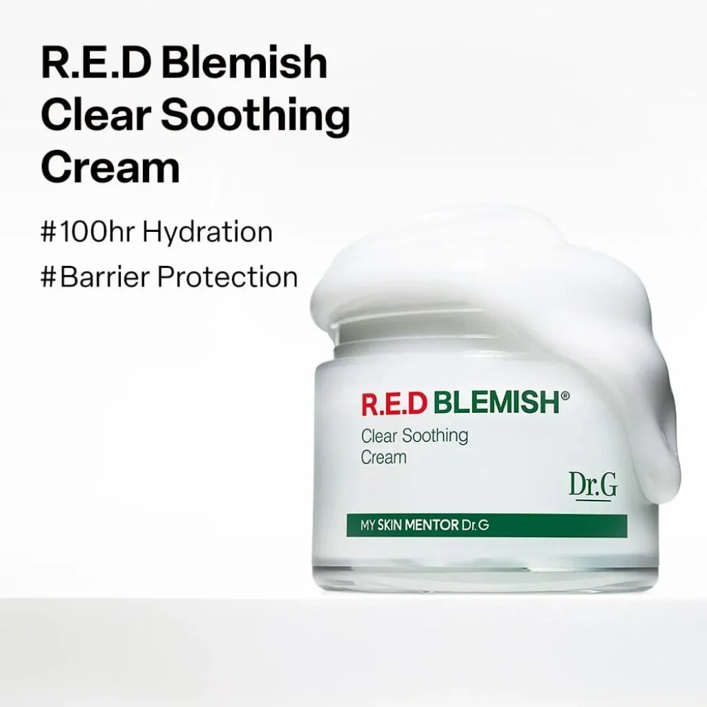 Dr.G Red Blemish Clear Soothing Cream 70ml  -Jar of R.E.D Blemish Clear Soothing Cream with branding on a white background - texture de la crème hydratante pour le visage Dr.G - Kbeauty Korean skincare Europe fast delivery - Skincare coréenne SKINOREA shop Paris France livraison rapide 