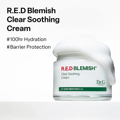 Dr.G Red Blemish Clear Soothing Cream 70ml  -Jar of R.E.D Blemish Clear Soothing Cream with branding on a white background - texture de la crème hydratante pour le visage Dr.G - Kbeauty Korean skincare Europe fast delivery - Skincare coréenne SKINOREA shop Paris France livraison rapide 