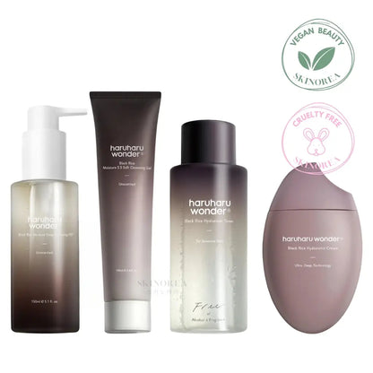 Haruharu wonder Black Rice - 4-step pack - Cleansing oil 150ml + Cleansing gel 100ml + Toner 150ml + Cream 50ml - 4-step cruelty-free skincare routine for all skin types - Kbeauty Korean Skinorea shop Paris France fast delivery - Routine skincare cruelty-free en 4 étapes pour tous types de peau - Kbeauty skincare coréenne Skinorea shop Paris France livraison rapide - yesstyle