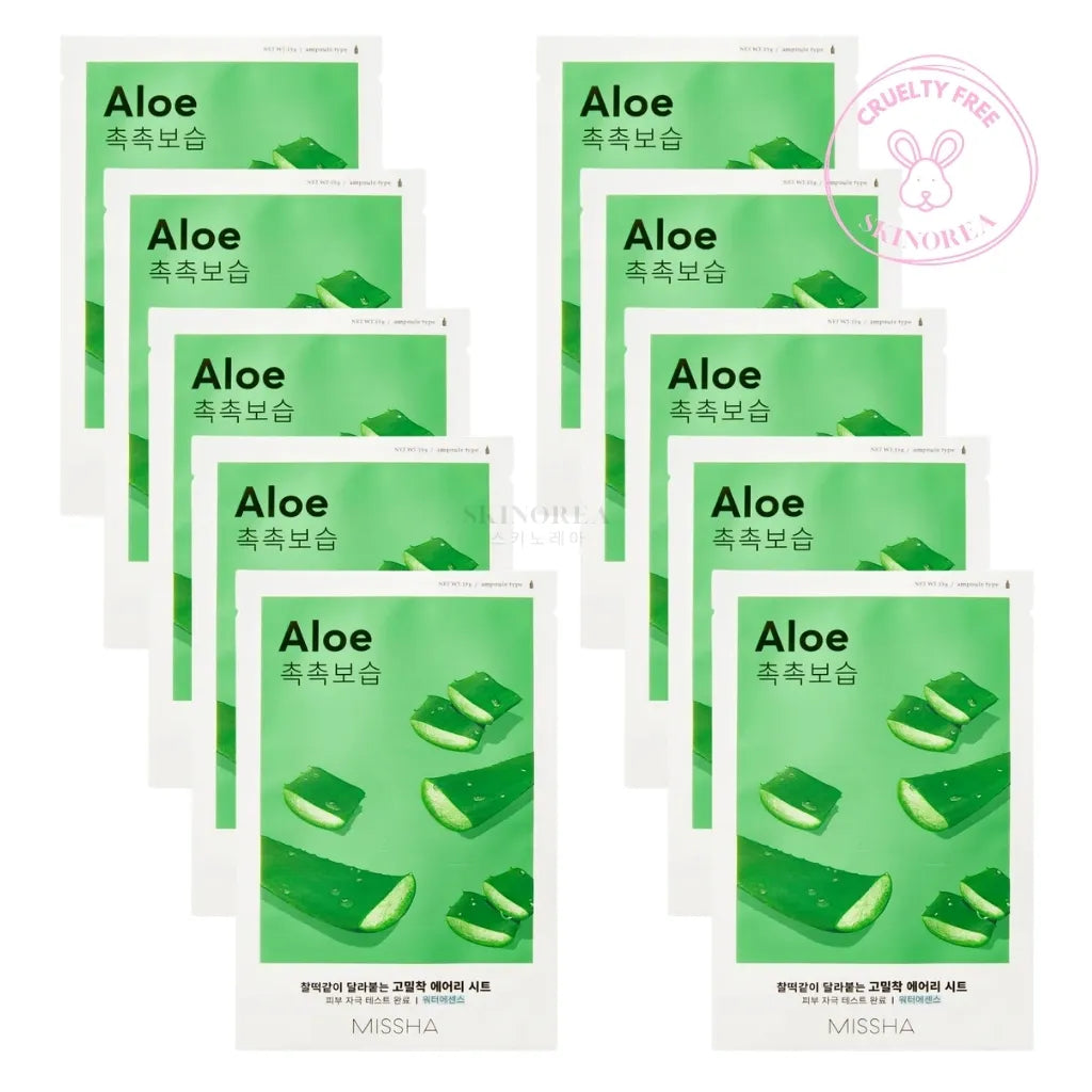 MISSHA Airy Fit Sheet Mask Aloe Pack 10 masks - Cheap moisturizing mask for dry skin - Pack de 10 masques visage en tissu  hydratants pour peau sèche - Kbeauty Korean skincare Europe fast delivery - Skincare coréenne Skinorea shop Paris France livraison rapide